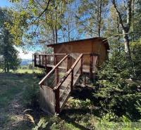 A wooden house in the forest with a terrace, ideal for a cozy family home.