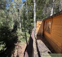 The wooden terrace of the cottage with a view of the forest offers a peaceful escape into nature.