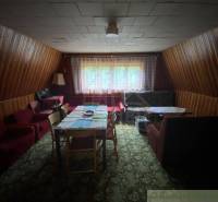 Living room with wooden walls, a family house with a carpet and a comfortable sofa.