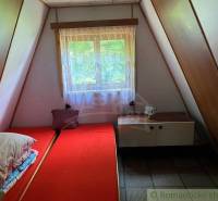 Attic room with a bed, wooden walls, and a window in a family house.