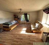 Living room in a family house, contains sofas, shelves, windows, and wooden flooring.