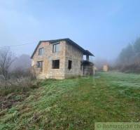 A family house in nature, surrounded by mist and a green meadow near the forest.