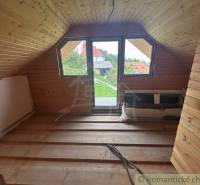 Attic room with a skylight, courtyard view, and wooden paneling. Family house.