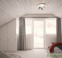 Attic bedroom in a family house with a minimalist interior, large window, and white ceiling.