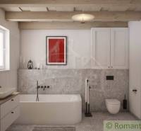 A bathroom with a bathtub, two sinks, a toilet, and an exceptional painting in a family house.