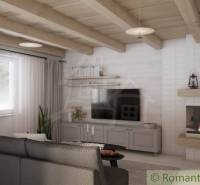 Living room with a fireplace and rustic wooden ceiling in a family house, television.