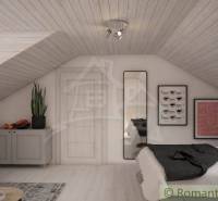 Attic bedroom with a double bed, decorations, and a skylight in a family house.