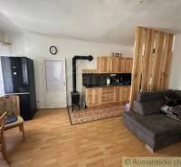 In the picture, there is a living room of a family house with a kitchen, a tiled stove, and a sofa.