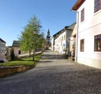 A narrow cobblestone alley with historic architecture and a church tower, ideal for a family home.