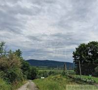 A rural landscape with a dirt road, green meadows, and distant hills near a family house.