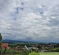 A view of picturesque vineyards, family houses, and hilly landscape under a cloudy sky.