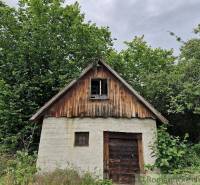 A small stone house in the forest, surrounded by green trees and bushes, with a hewn wooden roof.