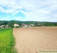 A landscape with a plowed field, rural cottages in a natural setting surrounded by forests.