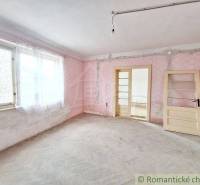 A room in an older cottage with pink walls, wooden floors, and large windows.