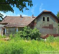 An old family house with damaged plaster surrounded by lush vegetation and a blue sky.