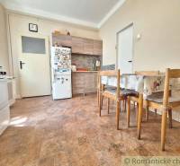 The kitchen in the family house contains a stove, a refrigerator, a dining table, and wooden chairs.