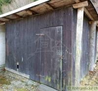 A wooden cabin with an old roof and visible wooden supports in nature.