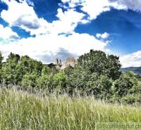 A view of the castle ruins amidst greenery and a garden under a blue sky.