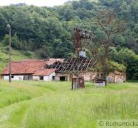 A ruin of a family house in nature surrounded by dense forest and power lines.