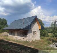 A stone family house with a sloped metal roof, surrounded by nature and trees.