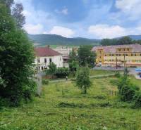 A landscape with a mountain background, buildings, and a green plot for village living.