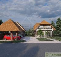 Country cottage, two-story family house with a sloped roof, wooden carport with cars.