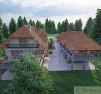 A family house surrounded by a forest, with a steep roof and a porch. A romantic cottage.