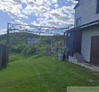 A cottage in Veľký Krtíš with a lawn and vineyard in the countryside under a clear sky.