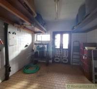 Storage space at the cottage, equipped with shelves, a ladder, and garden tools ideal for the garden and cottage.