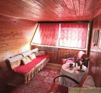 Cozy cabin interior, wooden paneling, red curtains, sofa, armchair, table, flowers.