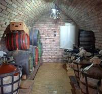 Traditional wine cellar with wooden barrels and demijohns, located in a cottage.