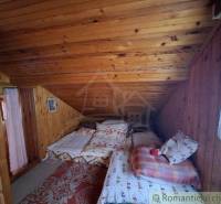 A rustic cabin with wooden walls and beds in the loft under a sloped roof.