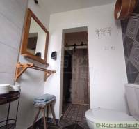 Bathroom with a wooden mirror, toilet, and stylish decoration of a family house.