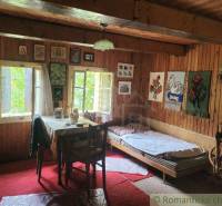 A rustic room in a family house with wooden walls, beds, and artificial flowers.