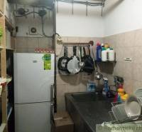 A cottage kitchen with a refrigerator, sink, dishes, and cleaning supplies.