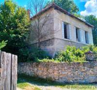 An abandoned family house overgrown with vegetation, enclosed by a stone and wooden fence.