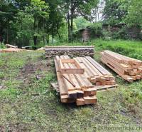 A building and a cabin in the forest, piles of wood on the grass, nature surrounds the area.