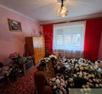 A room in a family house with flowers, retro furniture, and red curtains.