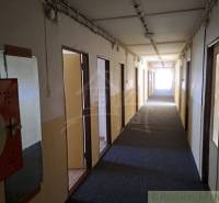 A long corridor with older doors leads to a well-lit end.