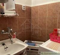 A bathroom in a family house with a mirror, a sink, and storage baskets for toiletries.