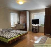 Interior of a room with a TV, bed, sofa, and cabinets in a family house.