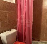 A bathroom with a pink curtain, brown tiles, and a toilet in a family house.