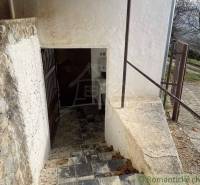 Entrance to the cellar at the cottage, stone steps and door, rustic country character.
