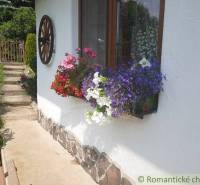Flower decoration on the window of the house, next to the stairs and a wooden wheel on the walls.