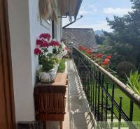 A family house balcony with flowers, view of the garden and mountains in the background.