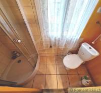 Bathroom with toilet and shower in a family house, white tiles and curtain.