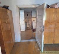 A hallway with wooden cabinets leads to the kitchen in a family house, through open doors.