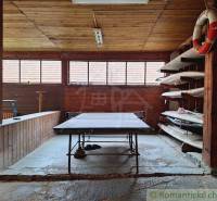 Ping pong table and shelves with kayaks in a wooden building suitable for a family house.