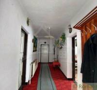 A narrow hallway in a family house with a red carpet and a wooden coat rack.