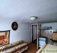 Interior of a family house with a bed, a painting, and a kitchenette; home design.